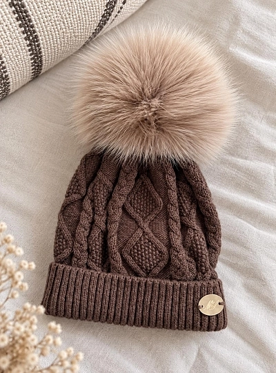 Unisex Hat with Detachable Pompom Tan Beige and Chocolate