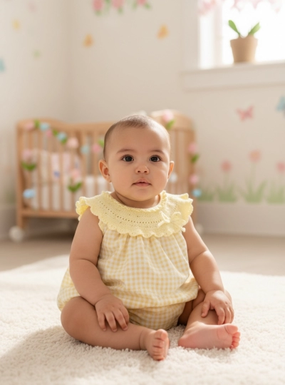 Unisex knit and fabric romper with gingham in two colors Unisex knit and fabric romper with gingham in two colors