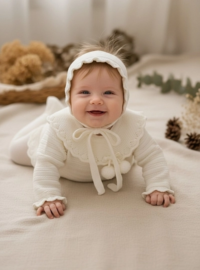 Unisex knitted set with bonnet and leggings in beige for baby Unisex knitted set with bonnet and leggings in beige for baby