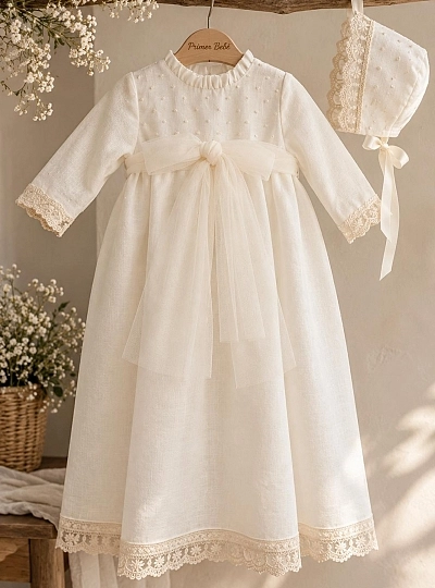 Unisex linen christening gown with bonnet – Serena Collection Unisex linen christening gown with bonnet – Serena Collection