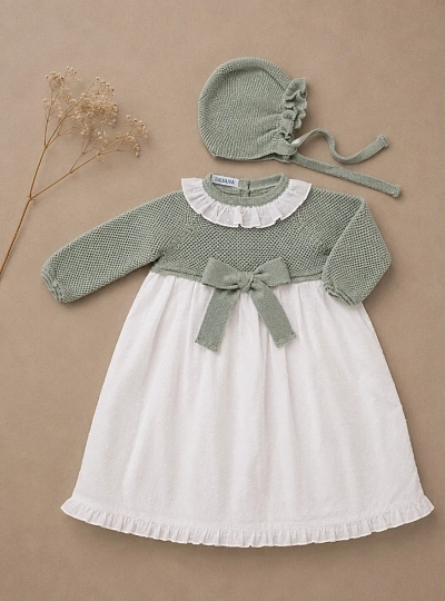 Unisex plumeti baby dress with knitted bodice and hood