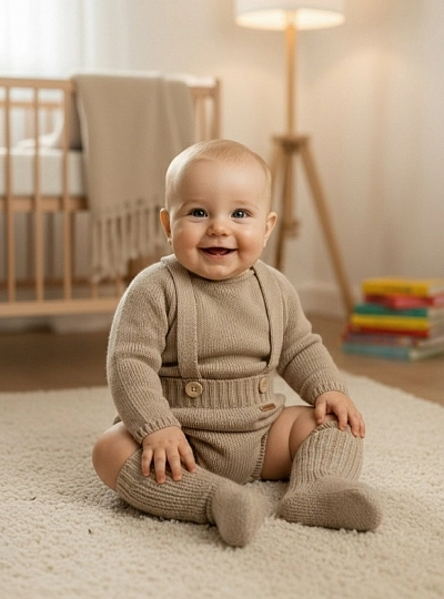 Unisex romper and sweater set in sand color, made of Italian Merino wool Unisex romper and sweater set in sand color, made of Italian Merino wool