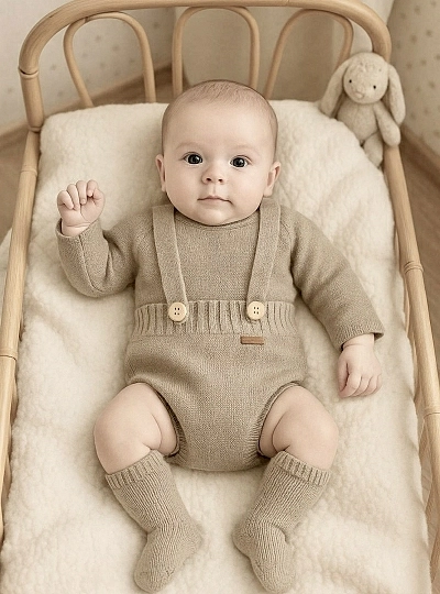 Unisex romper and sweater set in sand color, made of Italian Merino wool
