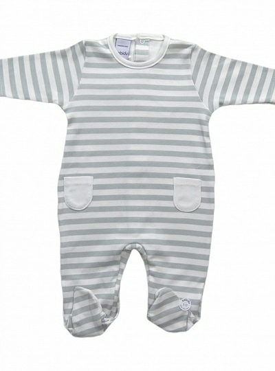 Unisex romper in green or gray stripes. O-Inv