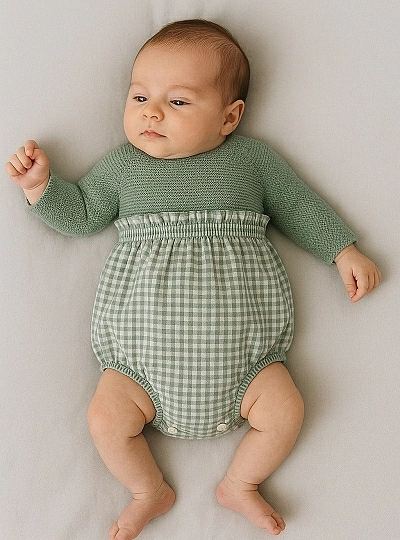 Unisex romper in knit and fabric, Isabella collection Unisex romper in knit and fabric, Isabella collection