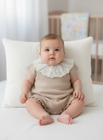 Unisex romper in sand stitch with Guipure collar