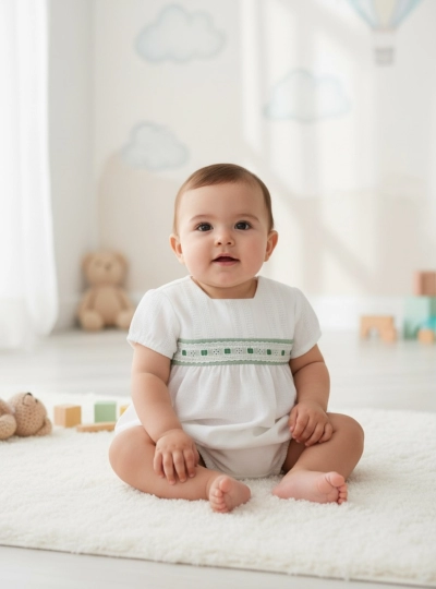 Unisex romper in white and green from the Romance collection Unisex romper in white and green from the Romance collection