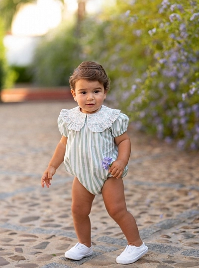 Unisex romper with print and stripes
