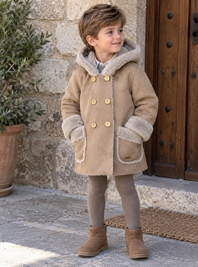 Unisex shearling-style jacket with dusty pink and camel-colored fur