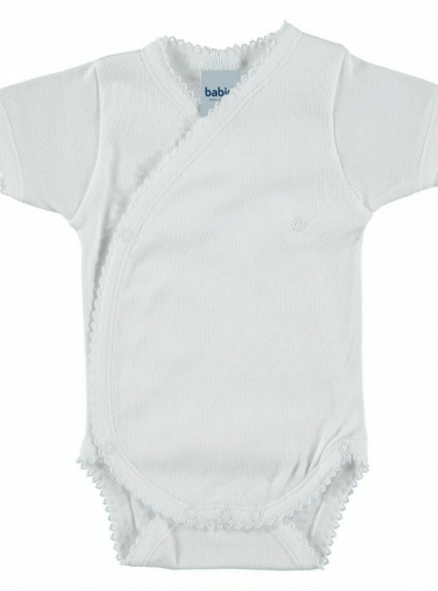 Unisex short-sleeved crossover bodysuit. White