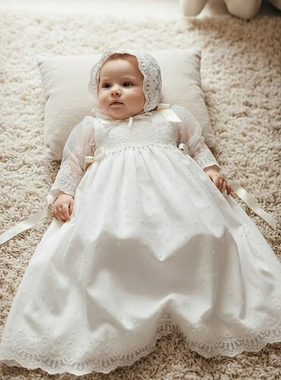 Unisex three-piece set. Dress with bonnet and bloomers from the Fantasy collection Unisex three-piece set. Dress with bonnet and bloomers from the Fantasy collection