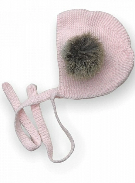Unisex wool bonnet with natural fur pompom