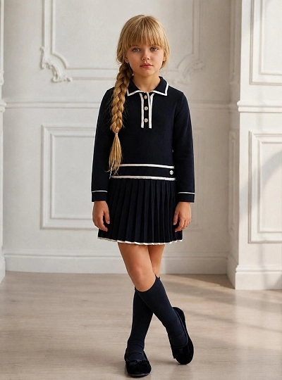 Vestido de punto fino niña azul marino con falda plisada Vestido de punto fino niña azul marino con falda plisada