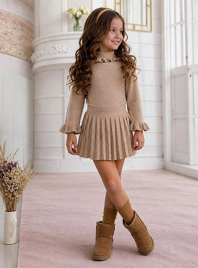 Vestido de punto fino para niña camel con falda plisada Vestido de punto fino para niña camel con falda plisada