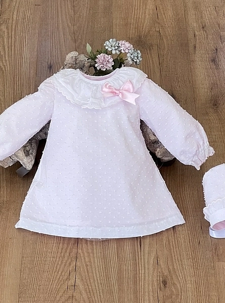 White and pink plumeti dress and bonnet set