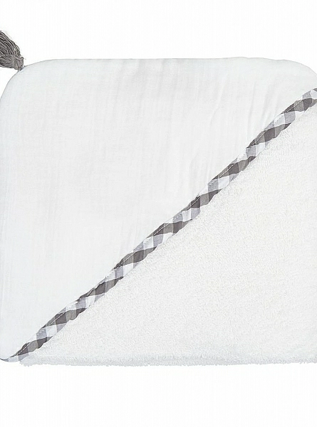 White bath cape with black vichy trim.