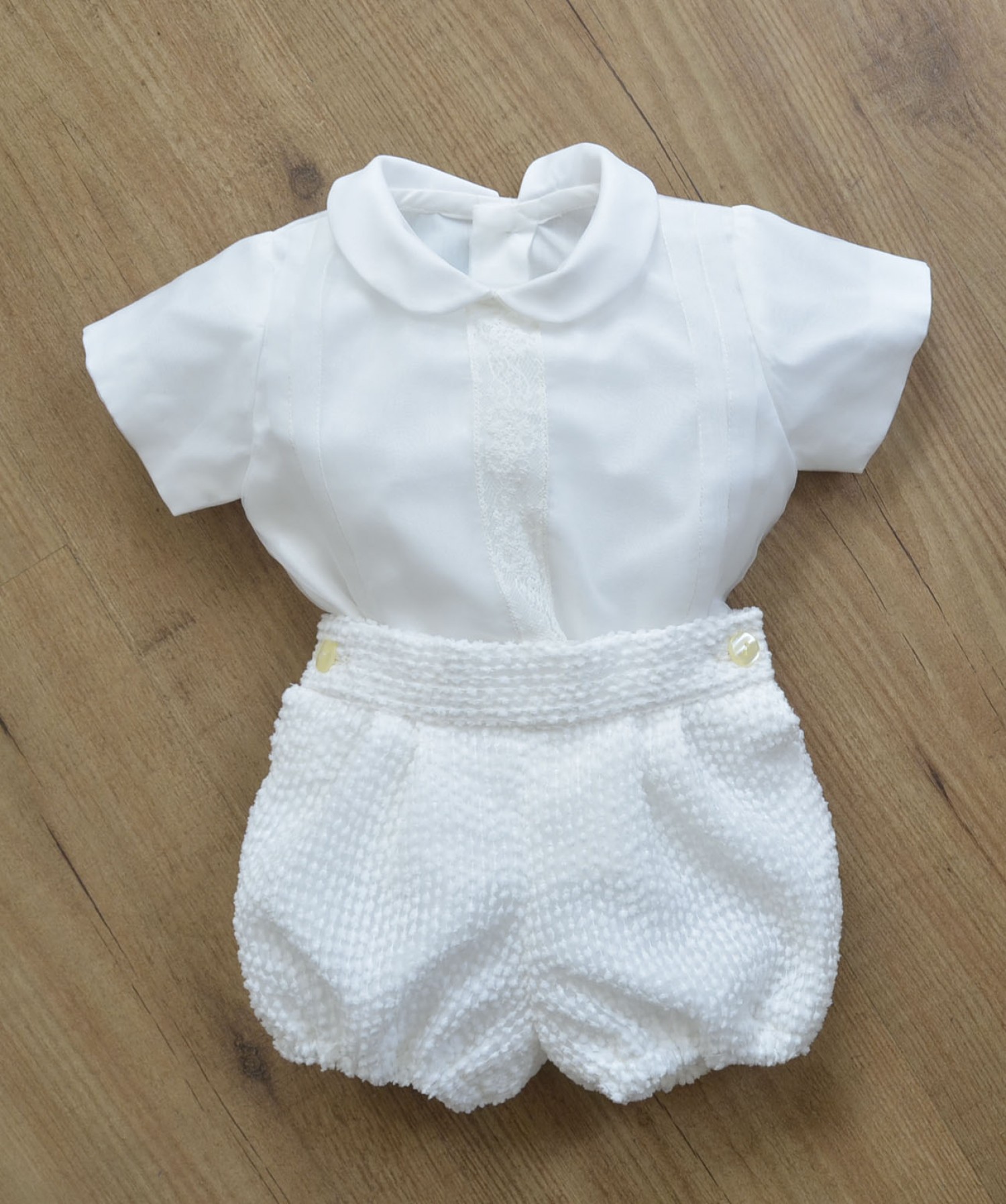 Conjunto de bautizo para niño dos piezas. Blusa y bombacho. | Primer Bebé