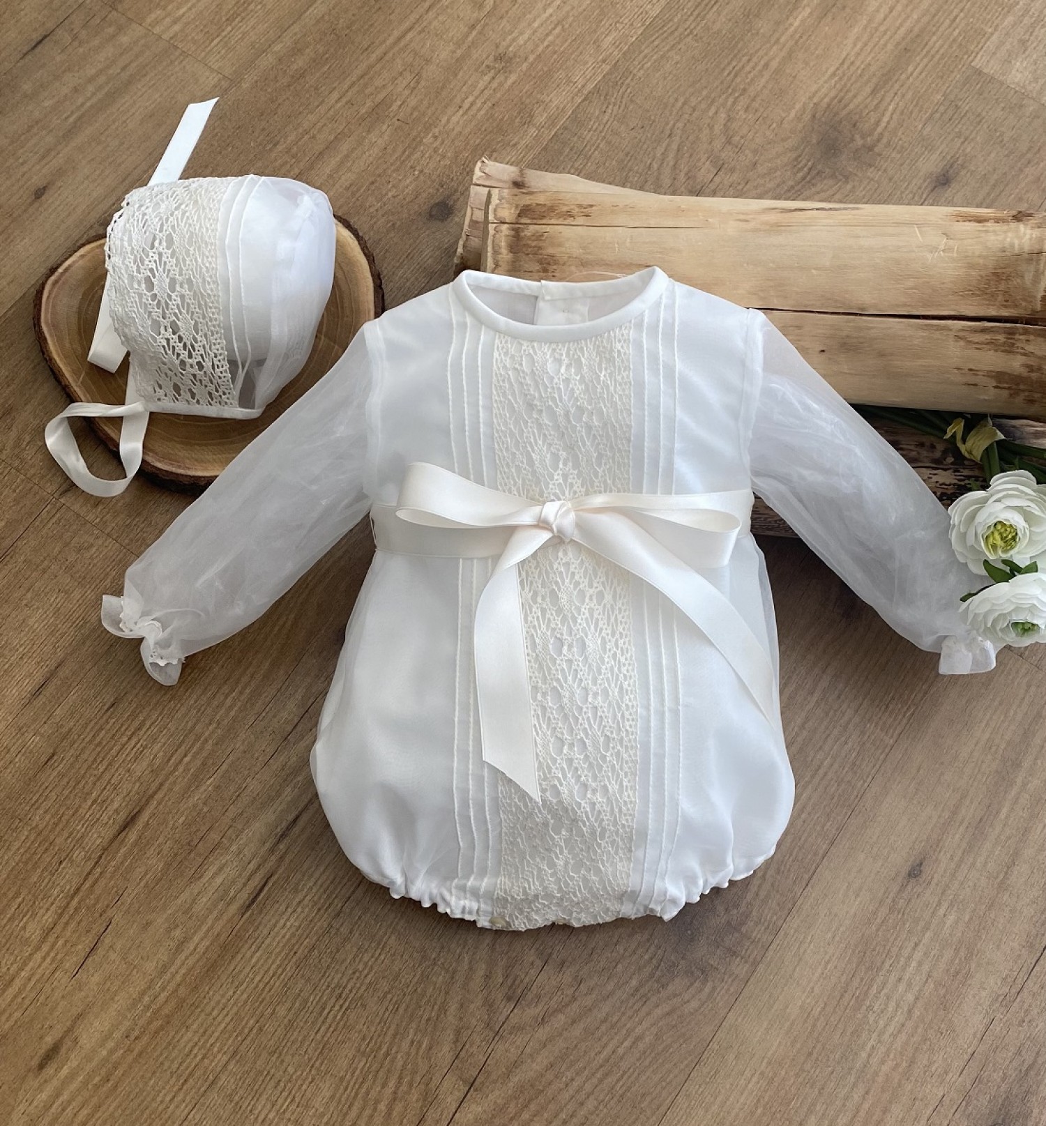 Christening outfit in long marl. Romper and hood | Primer Bebé