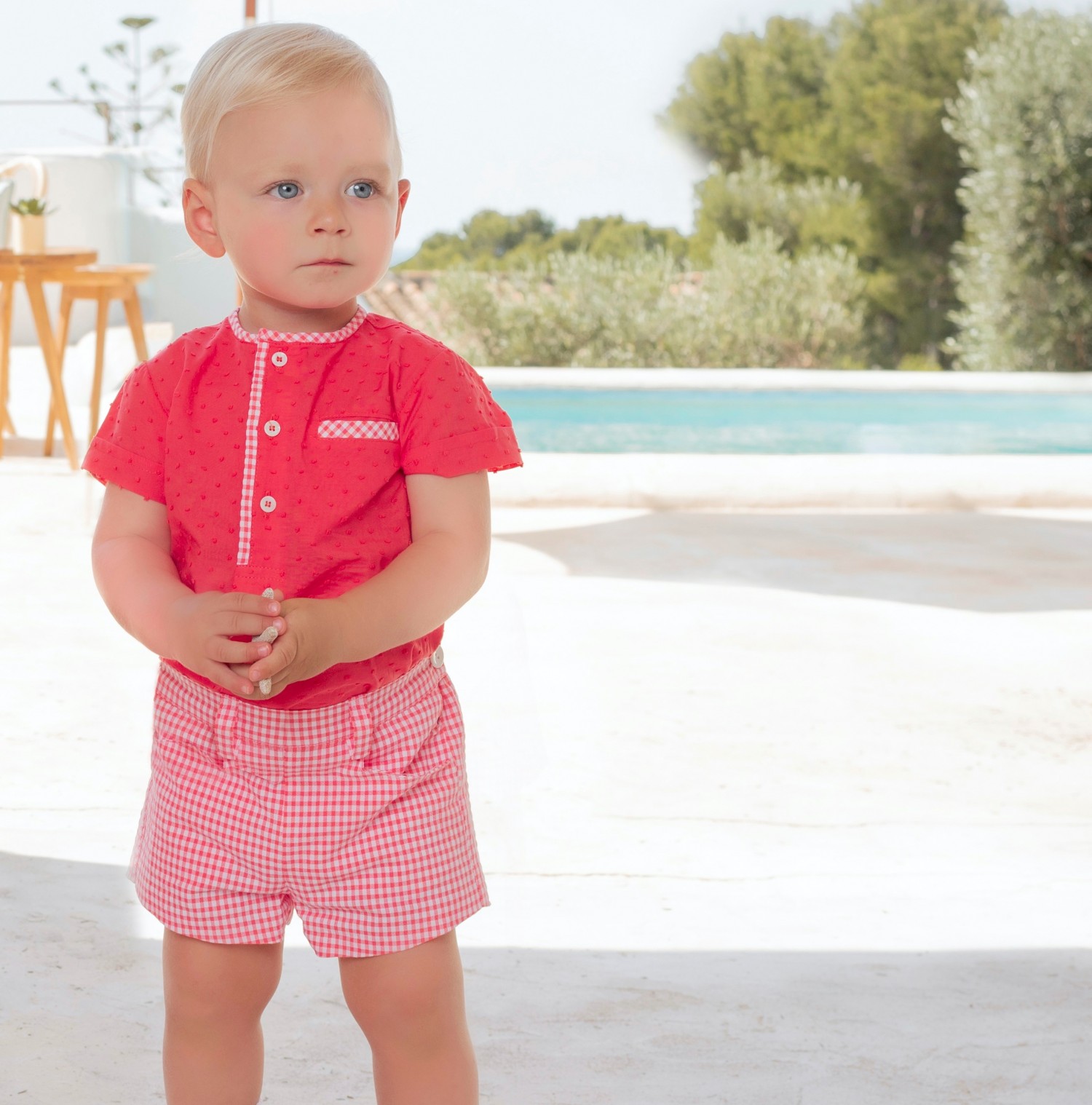 Conjunto para nino color Coral. Plumeti y cuadro Vichy Primer Bebe