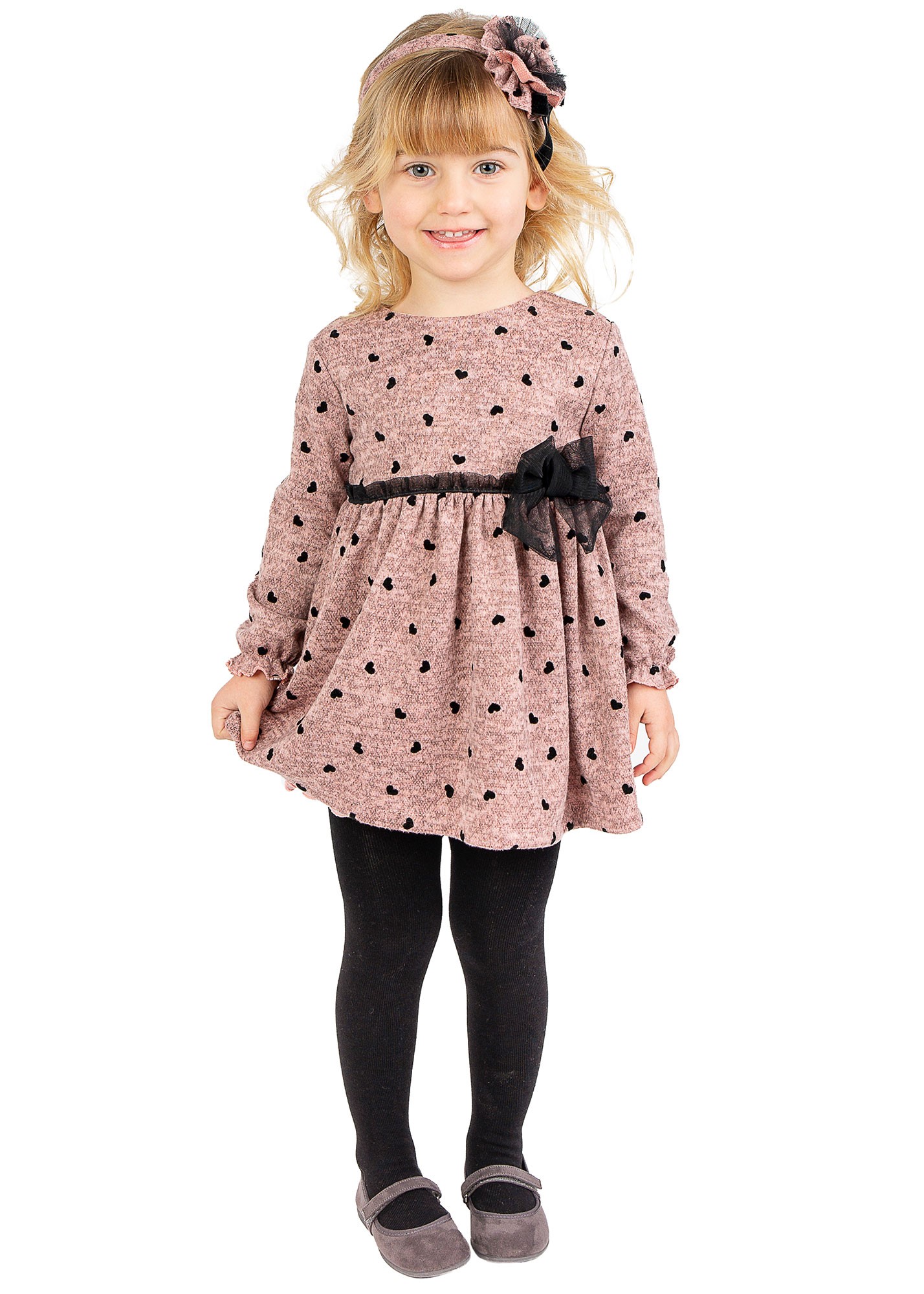 Vestido bebé en punto rosa con corazones negros | Primer Bebé Vestido bebé en punto rosa con corazones negros | Primer Bebé